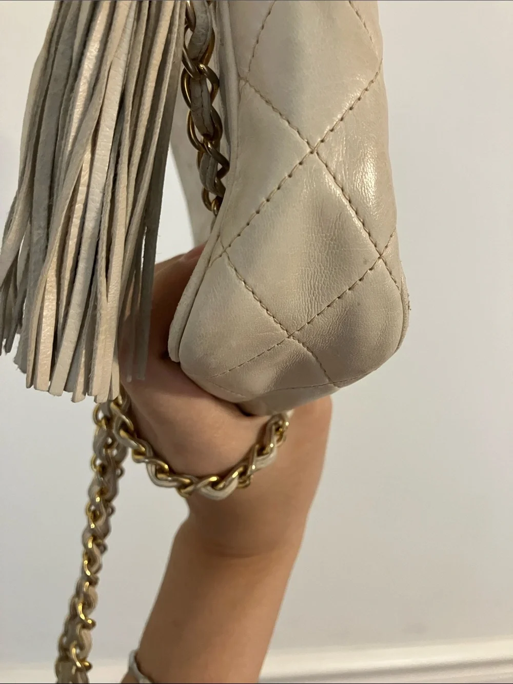CHANEL Vintage Cream Quilted Leather Shoulder Camera Bag with Tassel